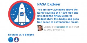 NASA on Foursquare Commander Douglas Unlocks EXPLORER Badge with First check-in from space